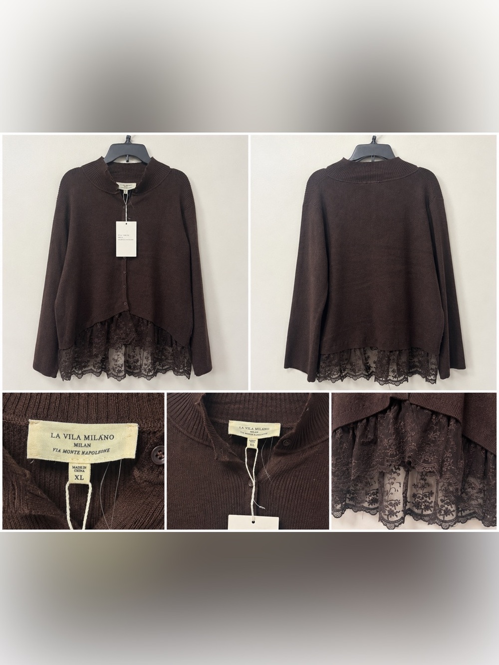 La Vila Milano Chocolate Brown Lace Hem Cardigan Sweater – XL NWT